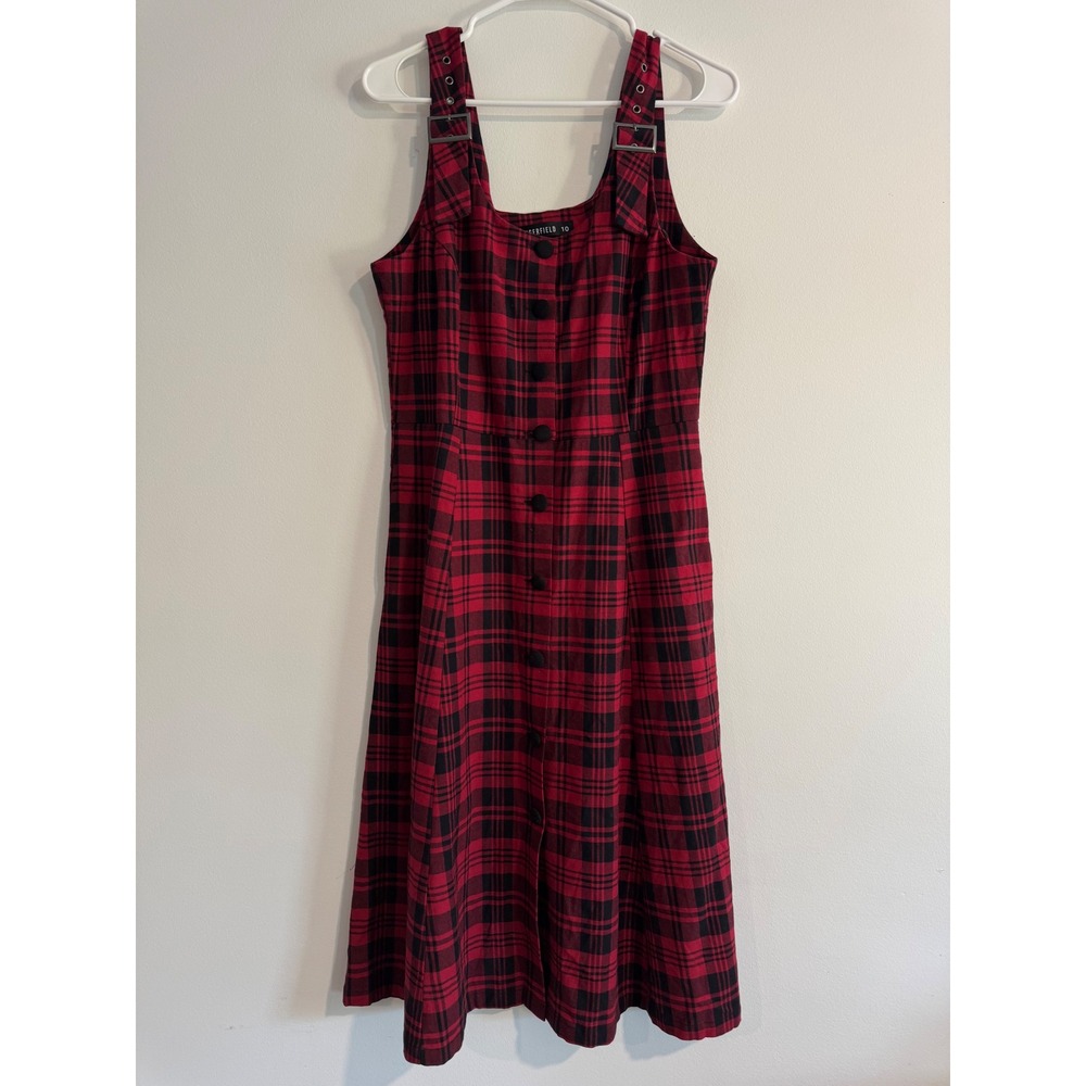 Dangerfield Plaid Pinafore Dress Womens 10 Red Black Buckle Straps punk Y2K goth